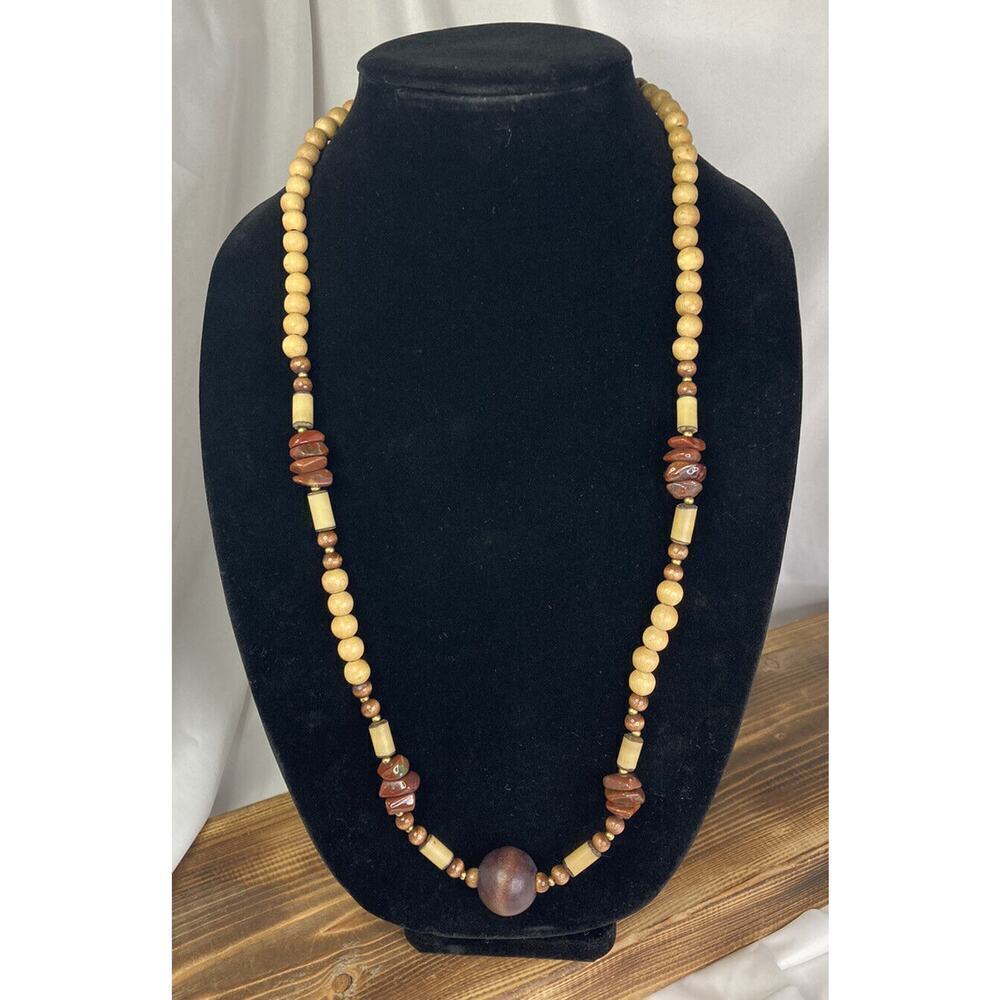 Vintage Ethnic Boho Wood & Jasper Beaded Necklace 29.5” L Signed Kim